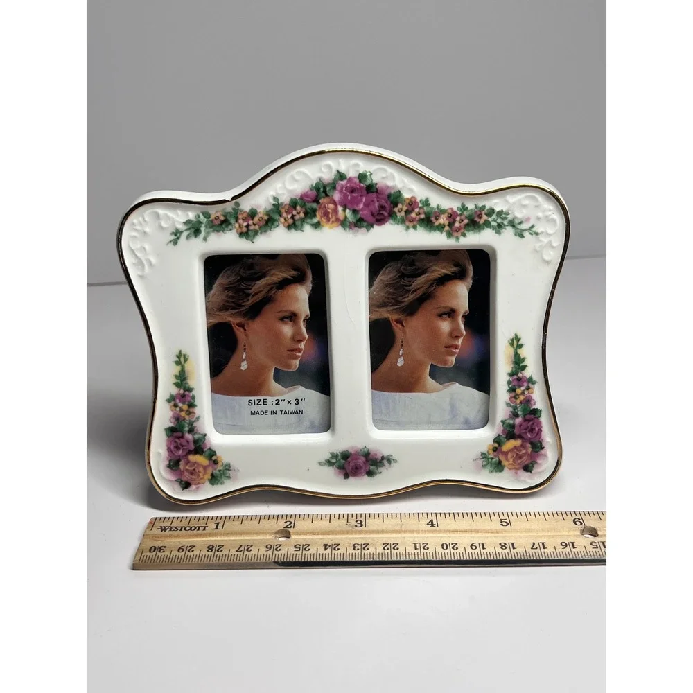 Vintage Porcelain Double Picture Frame Floral Rose Gold Trim 2x3 Tabletop Easel